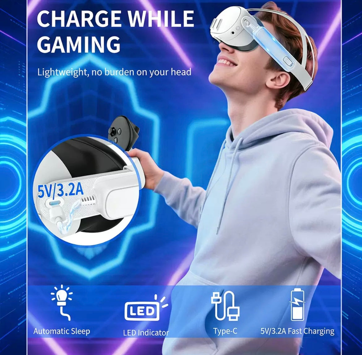 Wireless VR Charging Head Strap – Play Without Limits 🎮⚡