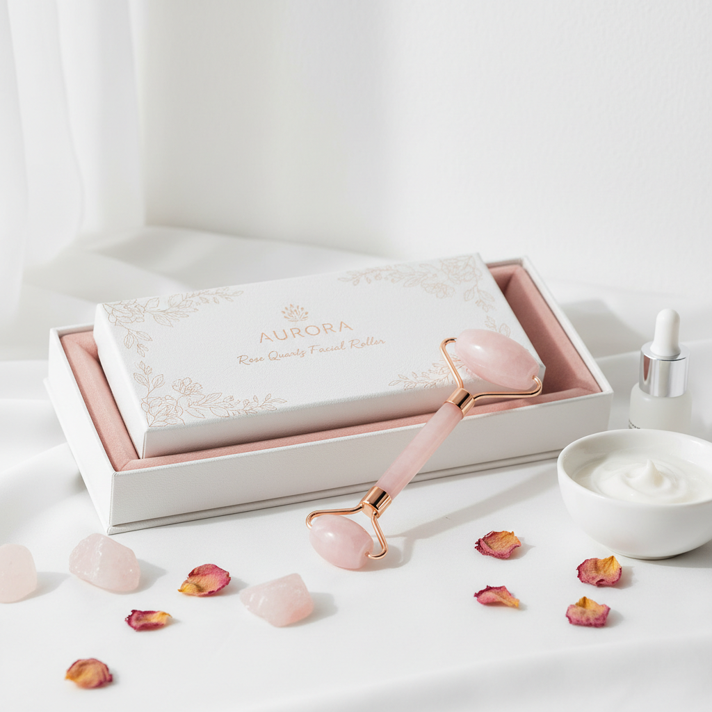 Rose quartz facial roller with elegant packaging on white background