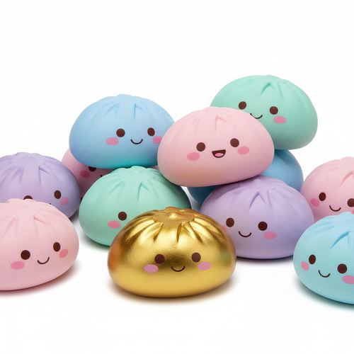 Kawaii dumpling squishies in gold and multiple colours