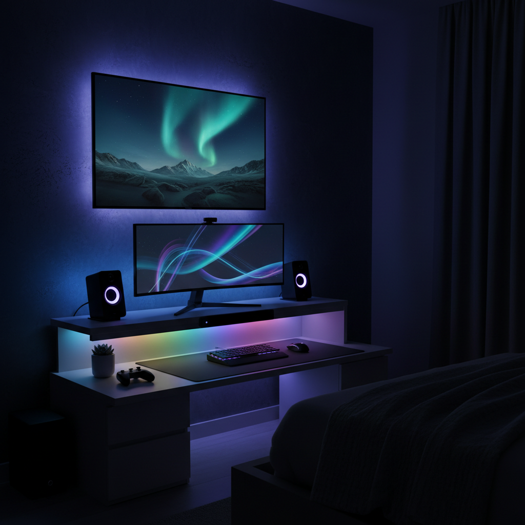 RGB LED strip lights glowing behind a TV and desk in a modern bedroom